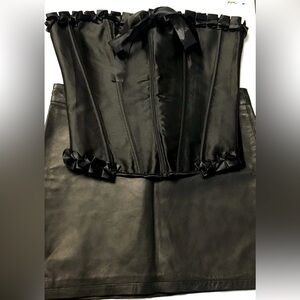 Satin Ruffle Zip Up Lace Up Bustier Corset + Mini Skirt XL Black Bundle